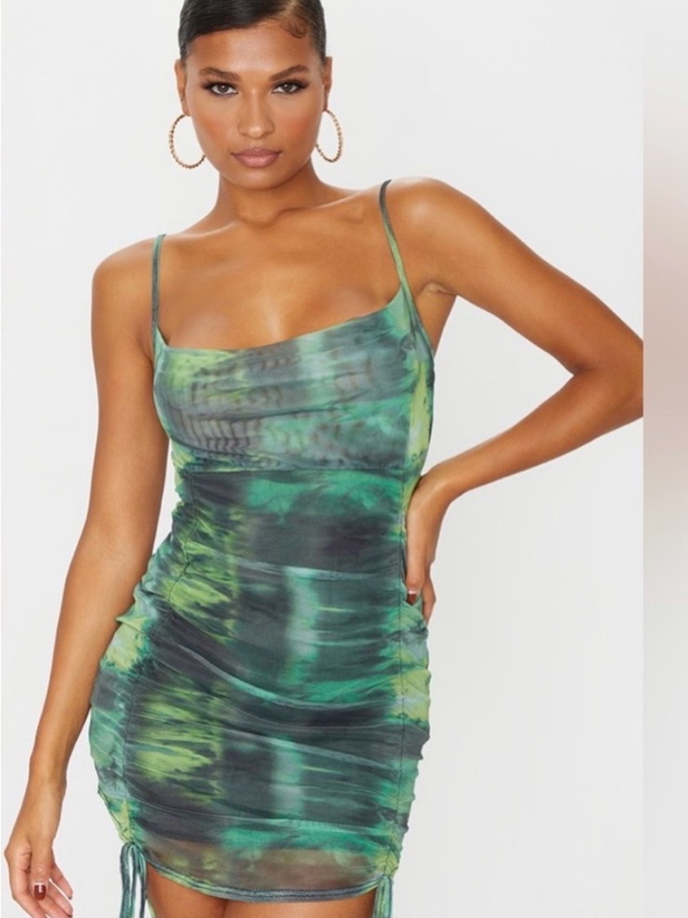 PrettyLittleThing Green Tie-Dye Ruched Mesh Mini Dress